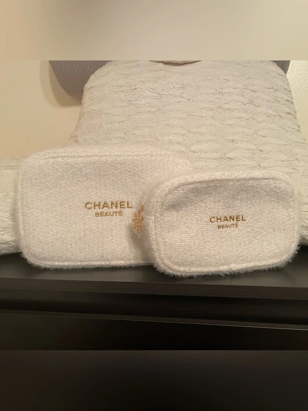 CHANEL white Faux-Fur makeup Case with Gold Logo